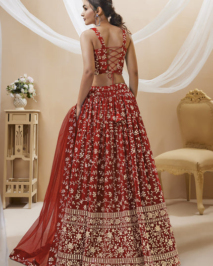 Rust Maroon Georgette Embroidered Wedding Lehenga Choli