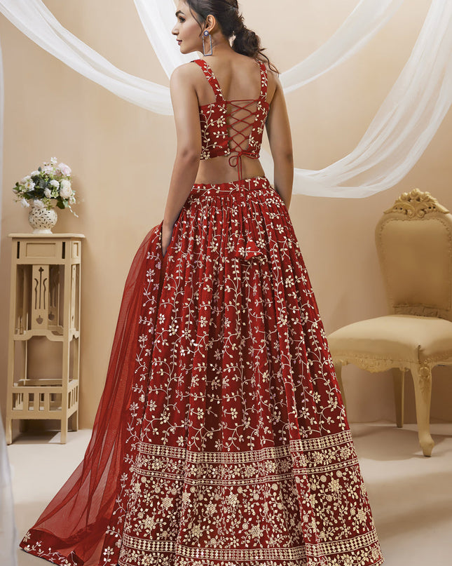 Rust Maroon Georgette Embroidered Wedding Lehenga Choli