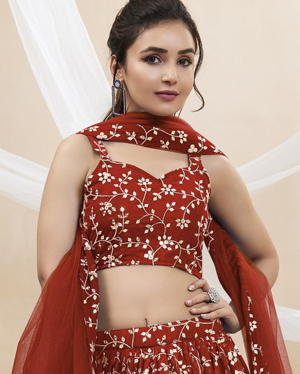 Rust Maroon Georgette Embroidered Wedding Lehenga Choli