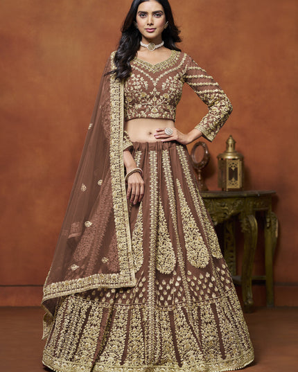 snuff brown net embroidered lehenga choli for wedding