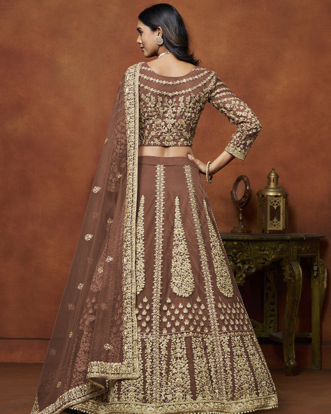 snuff brown net embroidered lehenga choli for wedding