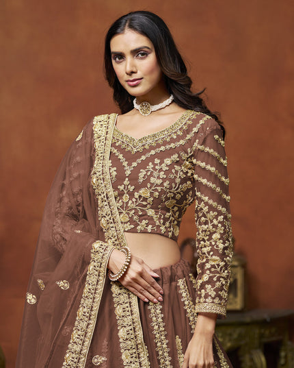 snuff brown net embroidered lehenga choli for wedding