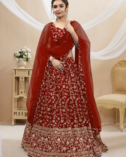 Rust Maroon Georgette Embroidered Wedding Lehenga Choli