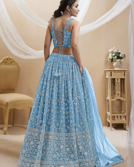 Sky Blue Georgette Embroidered Wedding Lehenga Choli