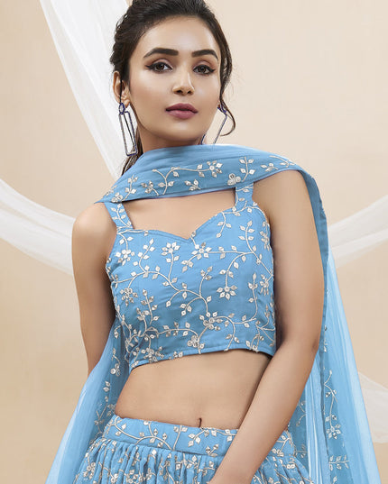 Sky Blue Georgette Embroidered Wedding Lehenga Choli
