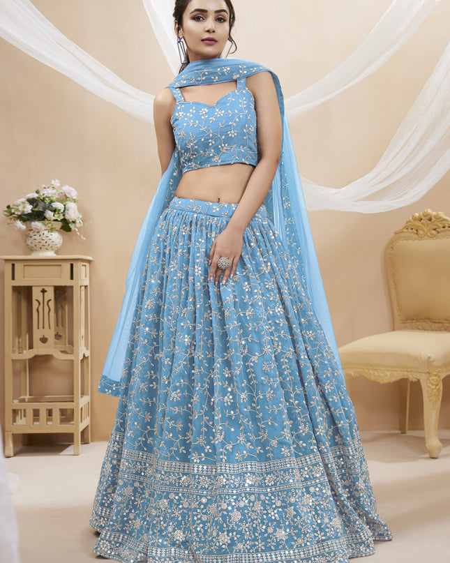 Sky Blue Georgette Embroidered Wedding Lehenga Choli