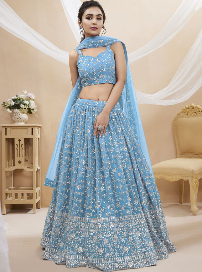 Sky Blue Georgette Embroidered Wedding Lehenga Choli