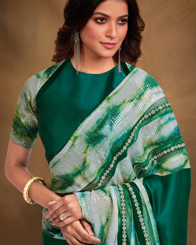 Green Satin Crepe Designer Saree