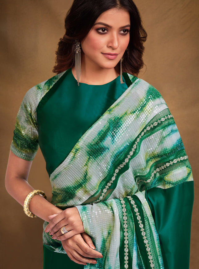 Green Satin Crepe Designer Saree