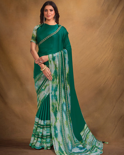 Green Satin Crepe Designer Saree