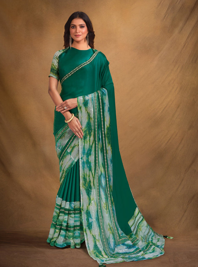 Green Satin Crepe Designer Saree