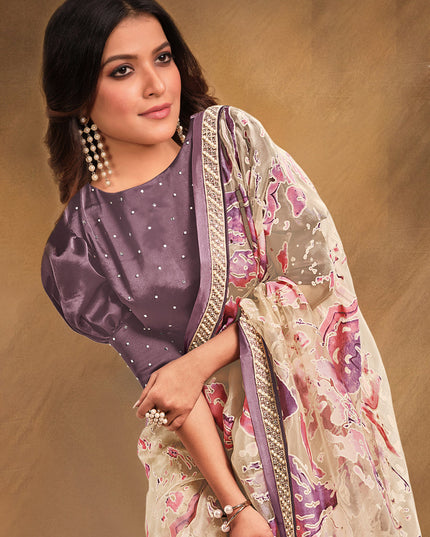 Cream Organza Designer Saree