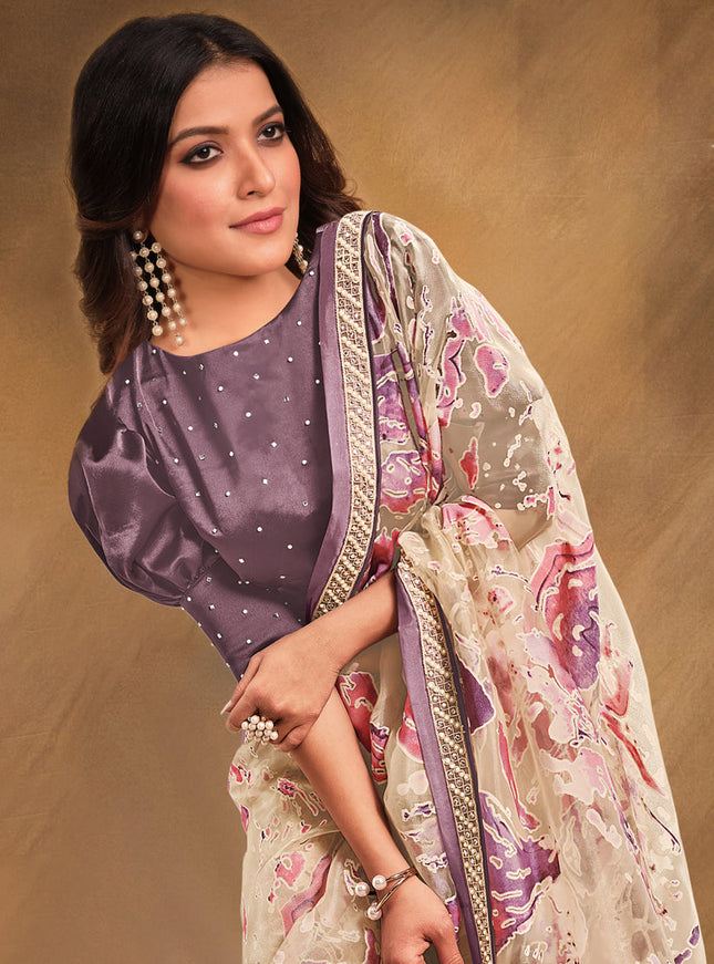 Cream Organza Designer Saree