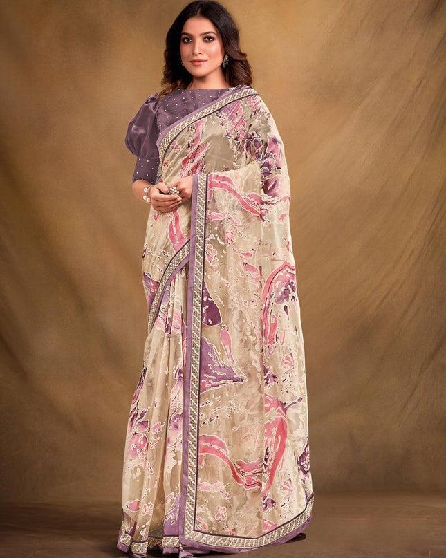 Cream Organza Designer Saree