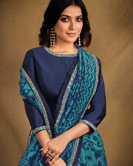 Navy Blue Organza Designer Saree