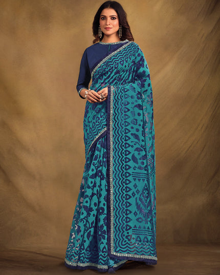 Navy Blue Organza Designer Saree