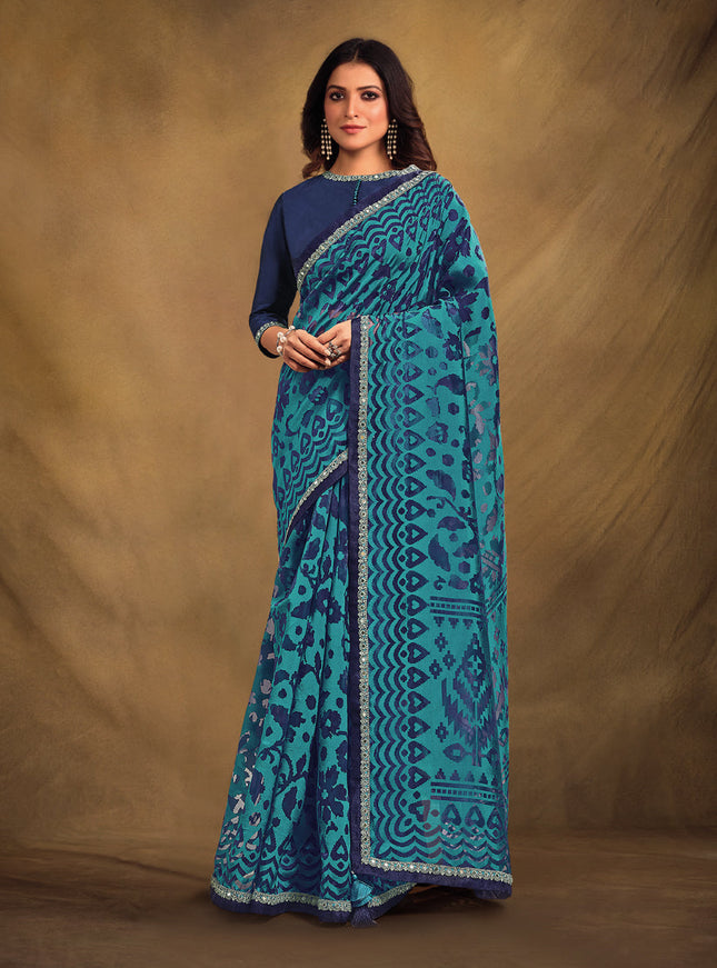 Navy Blue Organza Designer Saree