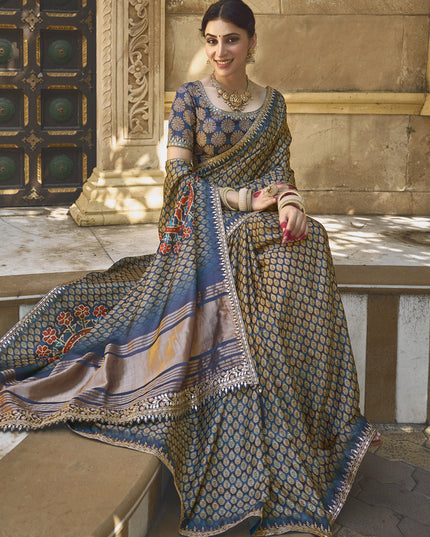 Prussian Blue Gajji Silk Designer Saree for Wedding