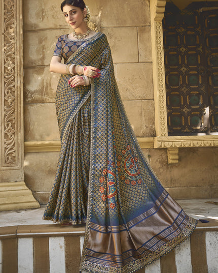 Prussian Blue Gajji Silk Designer Saree for Wedding