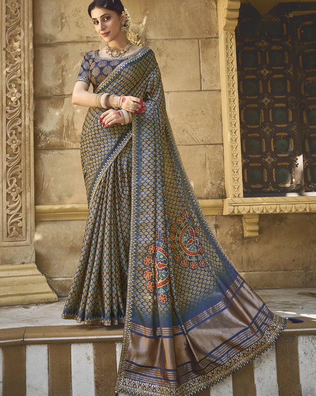 Prussian Blue Gajji Silk Designer Saree for Wedding