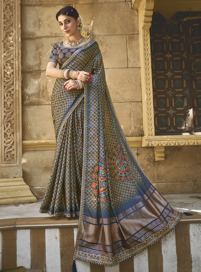 Prussian Blue Gajji Silk Designer Saree for Wedding