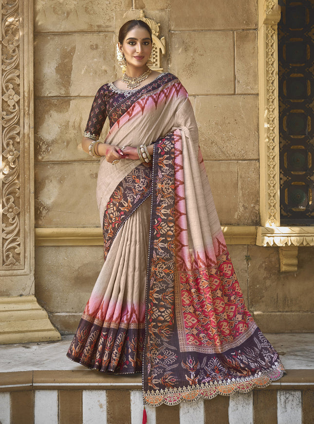 Beige Bhagalpuri Silk Designer Saree for Wedding