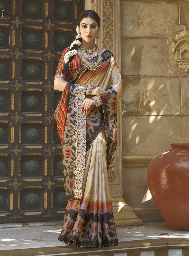 Beige Bhagalpuri Silk Designer Saree for Wedding