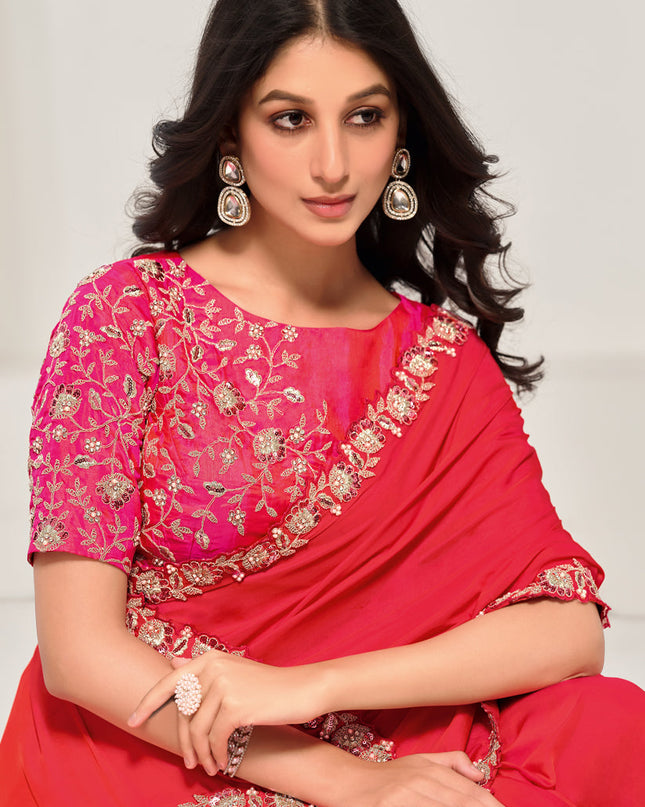 Tomato Red Embroidered Designer Saree