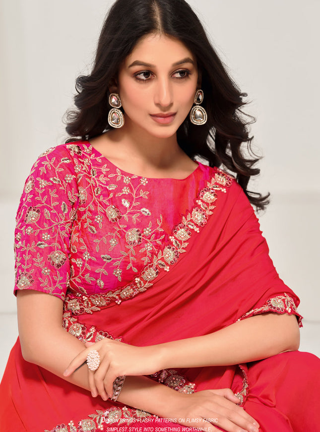 Tomato Red Embroidered Designer Saree