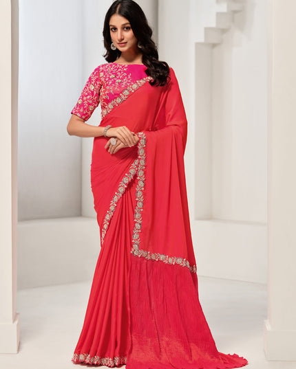 Tomato Red Embroidered Designer Saree
