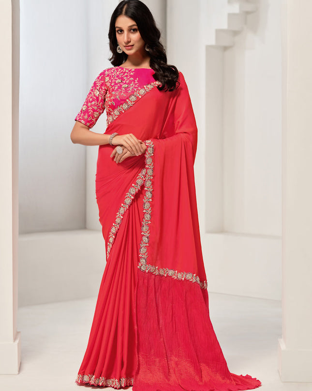 Tomato Red Embroidered Designer Saree
