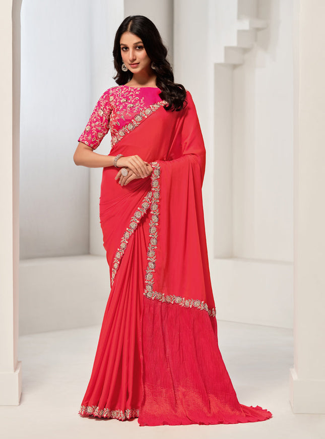 Tomato Red Embroidered Designer Saree