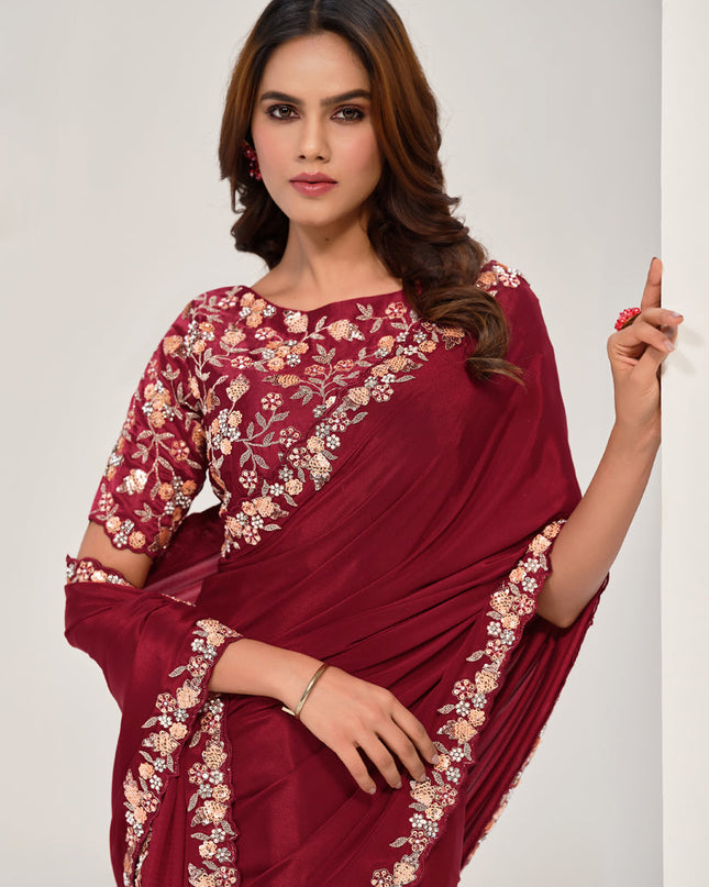 Maroon Embroidered Designer Saree