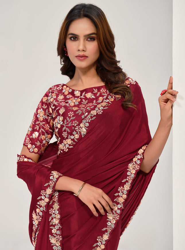 Maroon Embroidered Designer Saree