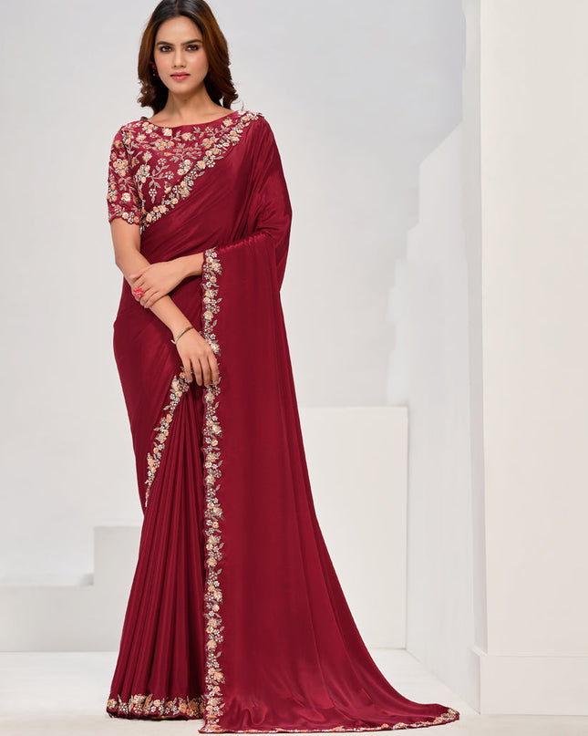 Maroon Embroidered Designer Saree