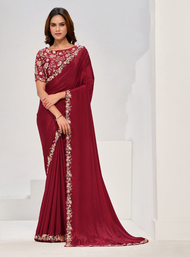 Maroon Embroidered Designer Saree