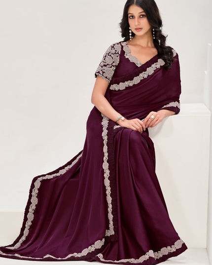 Wine Embroidered Designer Saree