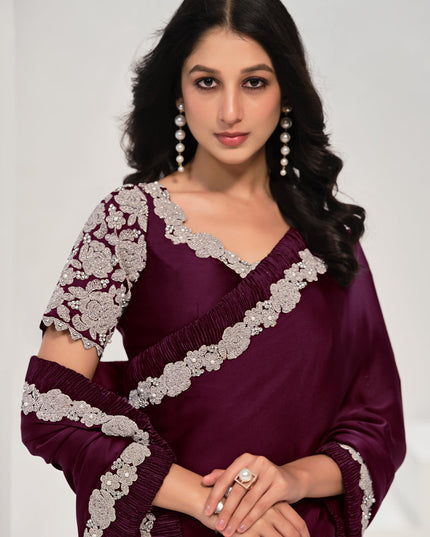 Wine Embroidered Designer Saree