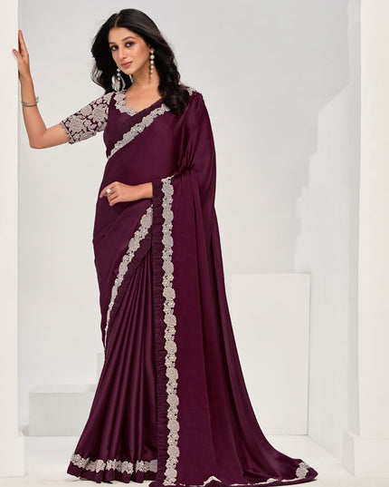 Wine Embroidered Designer Saree