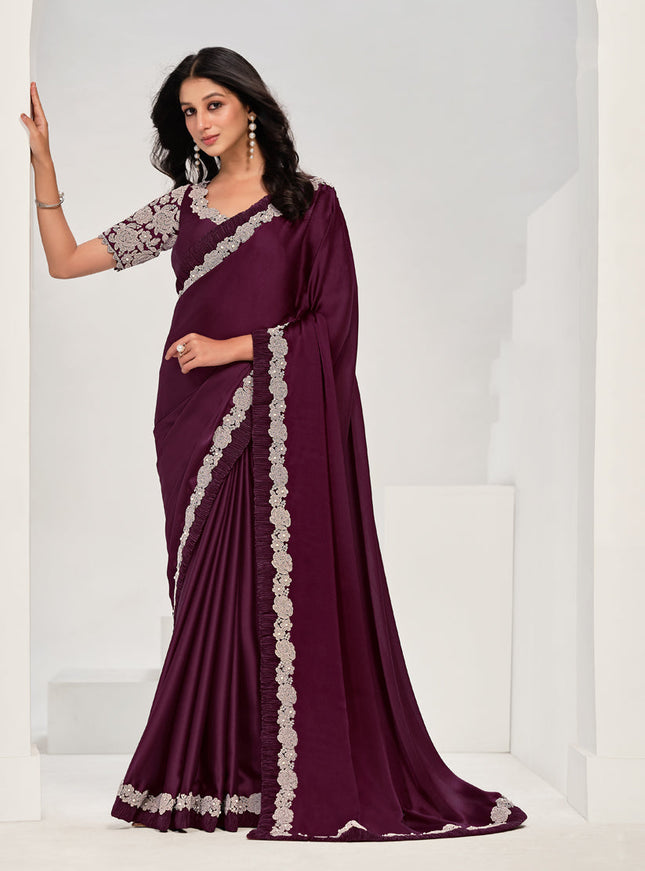 Wine Embroidered Designer Saree