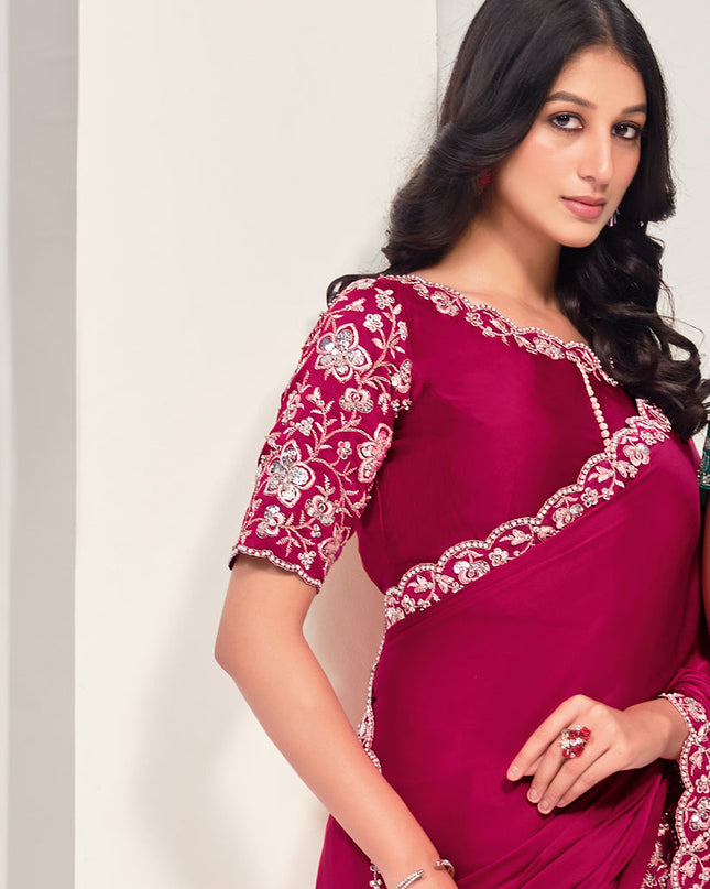 Rani Pink Embroidered Designer Saree