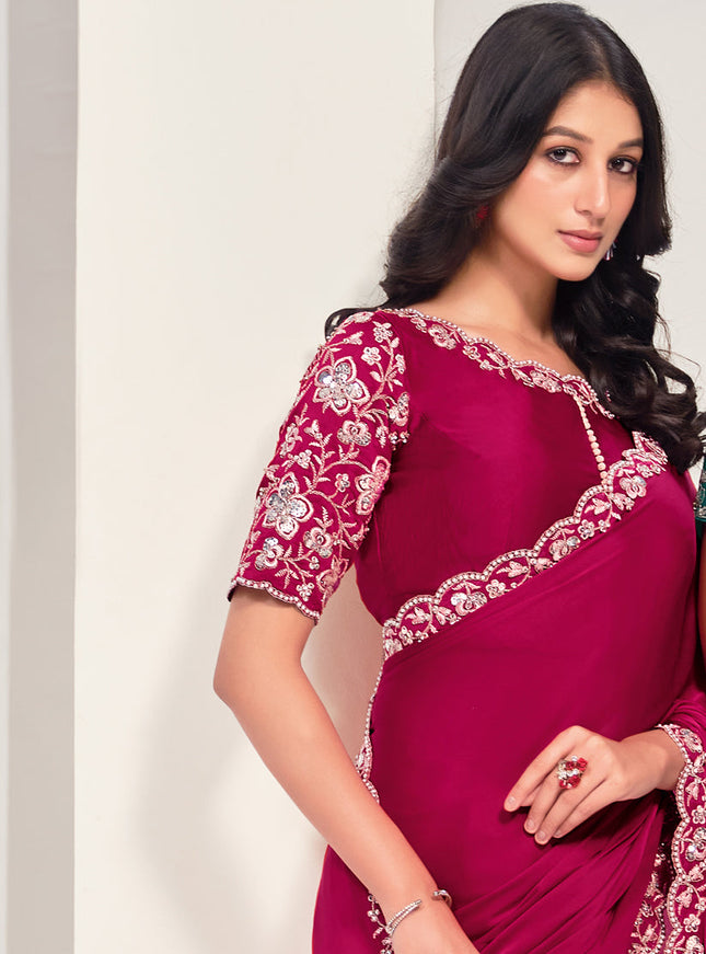 Rani Pink Embroidered Designer Saree