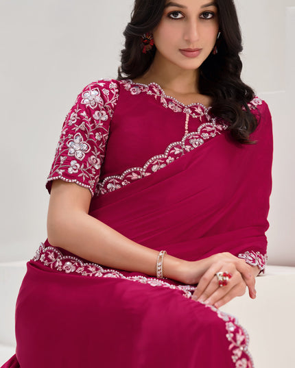 Rani Pink Embroidered Designer Saree