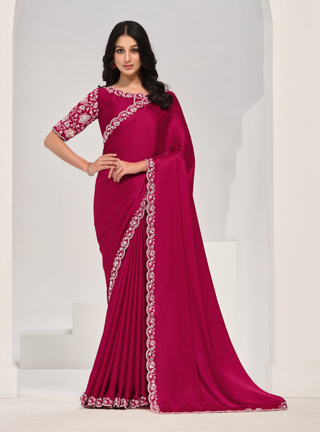 Rani Pink Embroidered Designer Saree