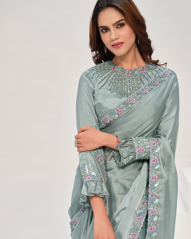 Sea Green Embroidered Designer Saree