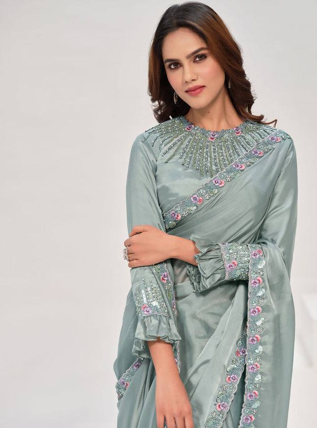 Sea Green Embroidered Designer Saree