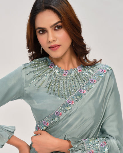 Sea Green Embroidered Designer Saree