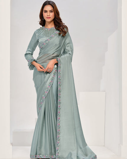 Sea Green Embroidered Designer Saree