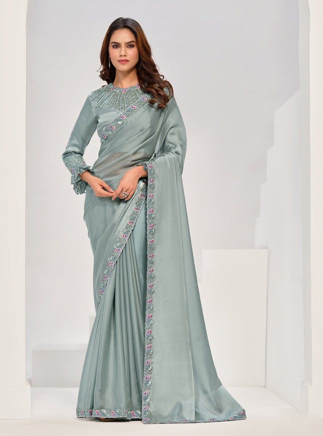 Sea Green Embroidered Designer Saree