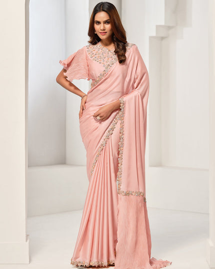 Peach Embroidered Designer Saree